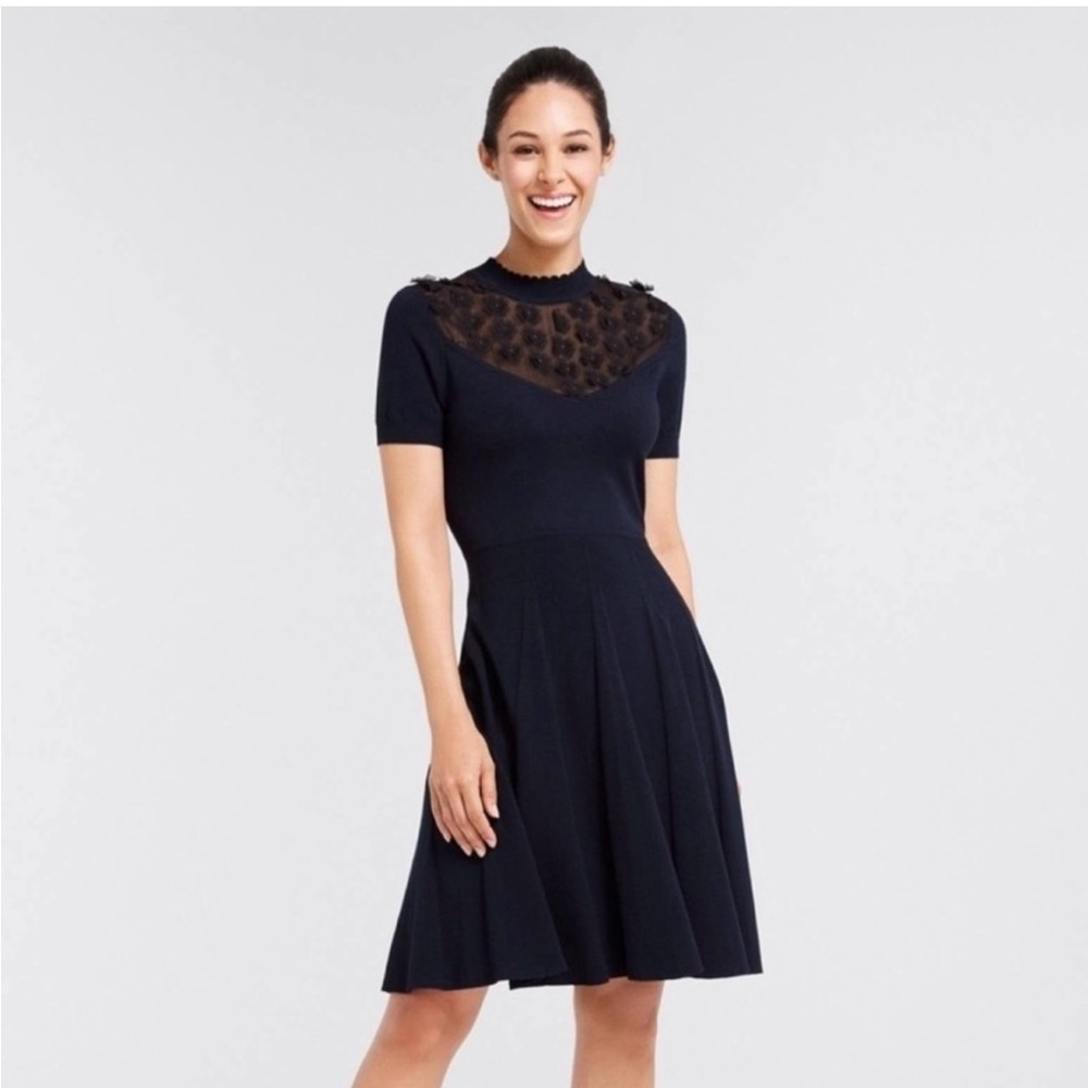 Draper James Navy Blue Sweater Dress with Black Mesh and‎ Floral Accents